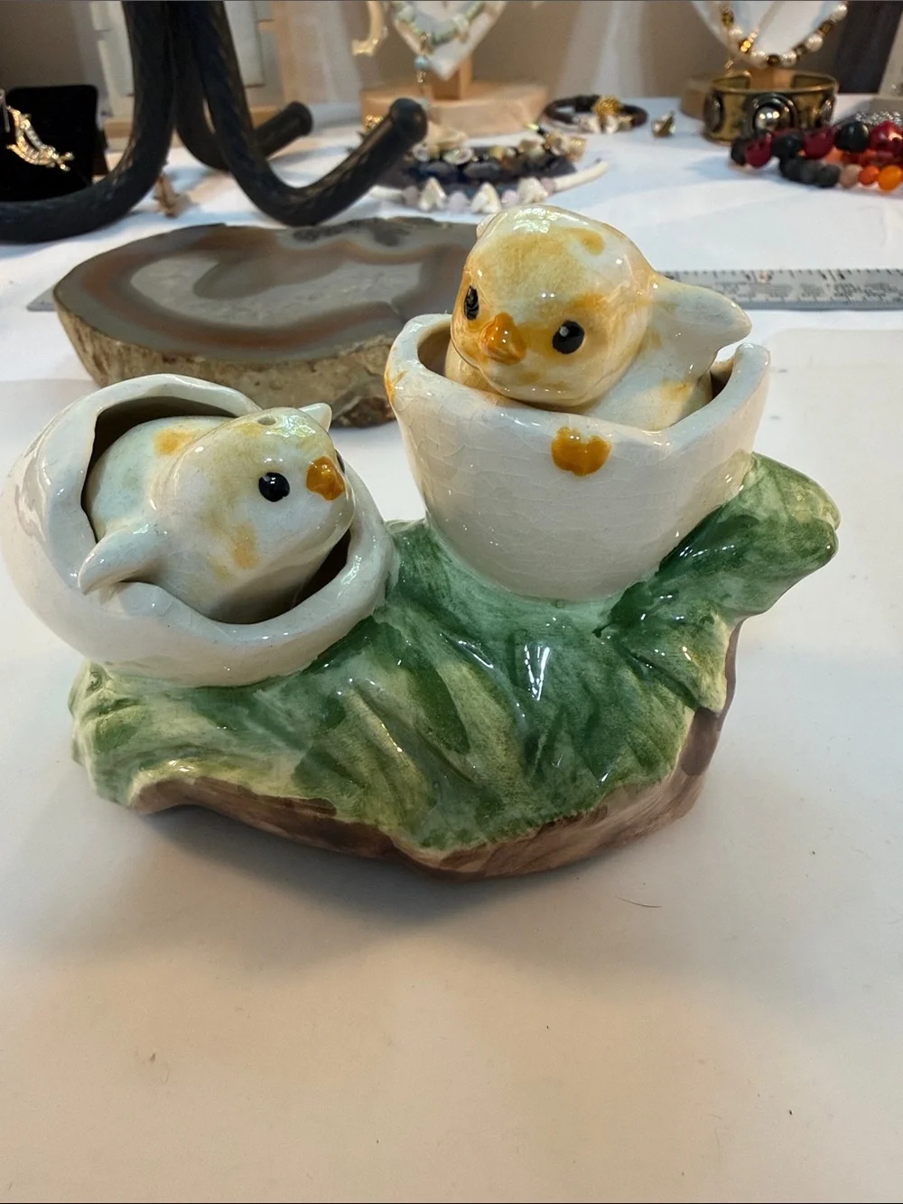 Vintage Ceramic Yellow Chick salt & pepper set on Grassy & halfway out of shells